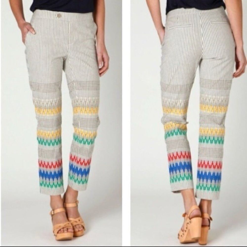 Anthropologie Beige Pinstripe Cropped Trousers with Multicolor Chevron Bands
